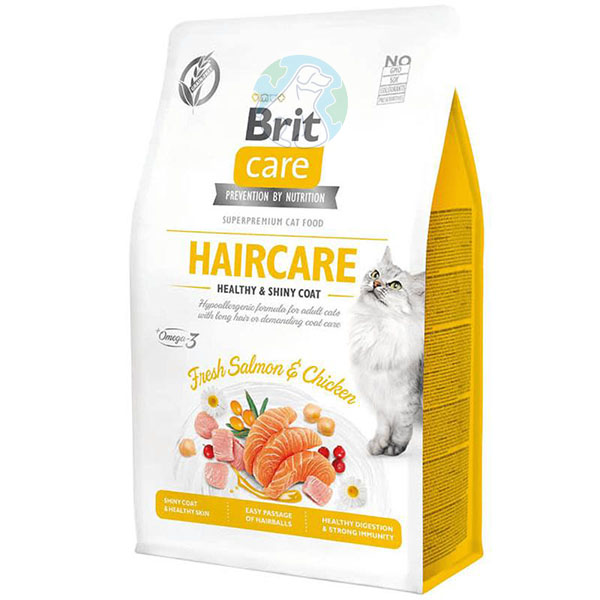 غذای خشک گربه پوست و مو با طعم مرغ و سالمون 2کیلویی Brit care